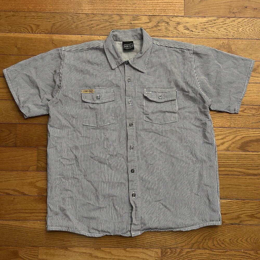 Prsn Blu Prison Blues Inmate Striped Short Sleeve Button Up Work Shirt Small